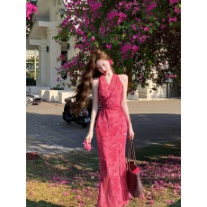 批发吃绿色菜樱落 显白气质无袖交叉系带<b class='q'>连衣裙</b>长裙 内有衬裙