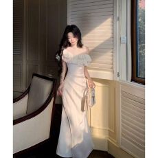 批发3/23 20:00 限时95折人鱼珠泪 缎面荷叶边一字肩遮肚显瘦长裙