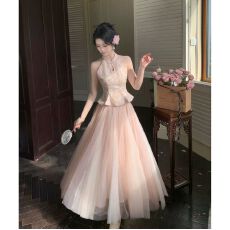 批发2026落霞云纱 国风挂颈珠绣套装<b class='q'>网纱</b>显瘦长裙