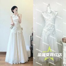 批发富家千金风<b class='q'>亮片</b>蕾丝<b class='q'>背心</b>连衣裙女生日礼服高级感气质收腰网纱长裙