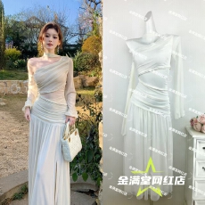 批发2026夏法式长袖度假网纱拼接<b class='q'>连衣裙</b>气质斜领包臀裙