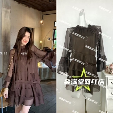 批发2026乌木甜茶法式轻柔飘逸<b class='q'>喇叭袖</b>荷叶边慵懒风蕾丝<b class='q'>连衣裙</b>