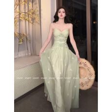 批发2026法系薄荷甜茶/吊带花朵<b class='q'>收腰</b>长款<b class='q'>连衣裙</b>