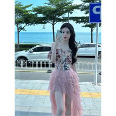 批发法式荷叶边夏季修身<b class='q'>显瘦</b>绝美外穿露肩上衣➕芭蕾网纱裙套装