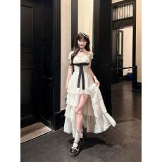 批发2026韩系桔梗house 白桃<b class='q'>波点</b> 千金风泡泡袖抹胸收腰<b class='q'>连衣裙</b>蛋糕裙