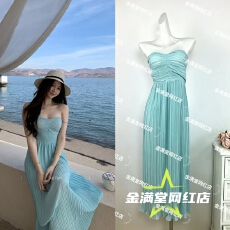 批发2026<b class='q'>欧美</b>纯色抹胸长裙性感气质收腰显瘦风琴百褶优雅裙子