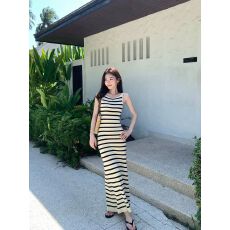 批发2026~辣妹修身显身材弹力收腰开叉露背<b class='q'>条纹</b>长<b class='q'>裙</b>