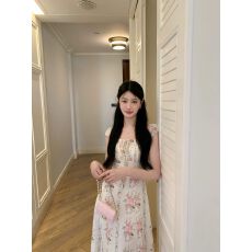 批发JeJuna炸鸡欧尼 奶芙花漾莱赛尔苎麻韩系碎花粉色显瘦连衣裙
