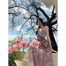 批发Lienni夏新款气质宽松显瘦无袖印花长款压褶抹胸连衣裙