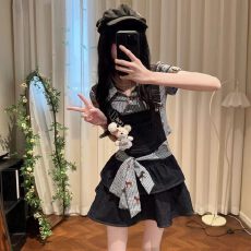 批发森林小玛 织物猪原创 甜美少女风印花格子短袖<b class='q'>衬衫</b>牛仔背带套装