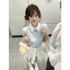 批发POPWEST丨夏日撞色拼接假两件短袖开衫上衣<b class='q'>蓬蓬</b>半<b class='q'>裙套装</b>
