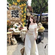 批发2026白色无袖一字领<b class='q'>连衣裙</b>子女夏季新款海边度假风长裙套装