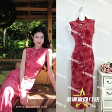 批发玫瑰晚叙'新中式植绒玫瑰旗袍女春夏弹力针织修身连衣裙