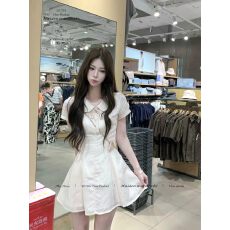 批发THETURE<b class='q'>亚麻</b>粉粉裙娃娃领<b class='q'>连衣裙</b>女学院风修身显瘦收腰短袖裙子