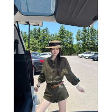 批发板栗可可Bankelili'南洋老钱'100亚麻慵懒衬衫/卷边短<b class='q'>裤</b>套<b class='q'>装</b>