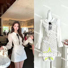 批发Acaine8/4 20:00 95折款丽莎贝塔 法式千金波点长袖上衣+半裙套装