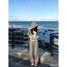 韩系新款松弛感休闲条纹拉链连帽卫衣+吊带+松紧腰阔腿裤三件套