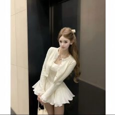 批发-白月光夏季法式气质外披收腰显瘦甜美吊带蓬蓬<b class='q'>连衣裙</b>套装