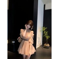 批发2026桃雾千金 古早奈奈千金粉色钻石流苏网纱中袖<b class='q'>连衣裙</b>