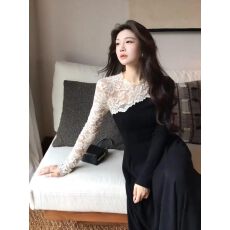 批发木子李幽纱月叙赫本风黑白撞色蕾丝拼接连衣裙高级感长裙