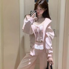 批发POPWEEST 粉色连帽开衫卫衣女波点花边背心休闲<b class='q'>裤</b>阔腿<b class='q'>裤</b><b class='q'>三件套</b>