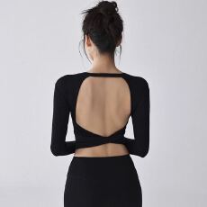 批发健身女孩露背性感瑜伽服带胸垫运动训练<b class='q'>长袖</b>T恤普拉提美背上衣新