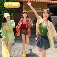 批发日常出游休闲宽松格纹撞色显白长袖可拆夏季上衣<b class='q'>衬衫</b>女