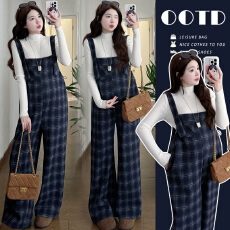 批发实拍 孕妇装春季新款宽松显瘦格子背带裤两件套