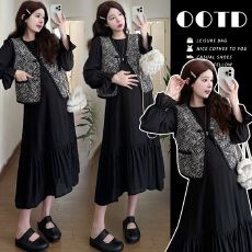 批发实拍 春款孕妇装复古国风马甲加黑色连衣裙两件套