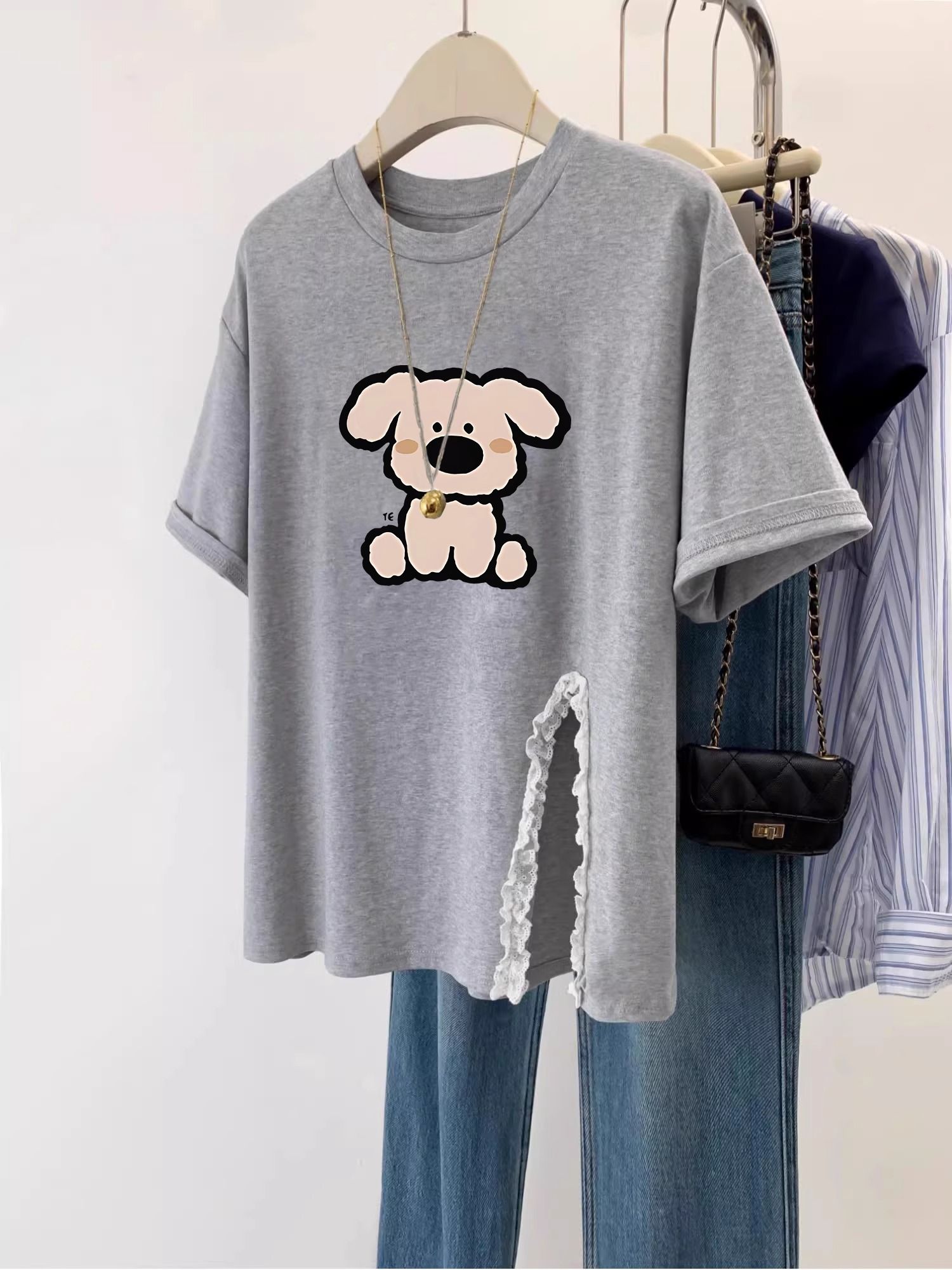 RY1122# 原版做法纯棉220克19支食毛+手感印花宽松开叉蕾丝花边短袖T恤女