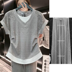 批发夏季新款<b class='q'>时尚</b>显瘦百搭上衣重工烫钻V领假两件短袖T恤长<b class='q'>裤</b>套<b class='q'>装</b>ins