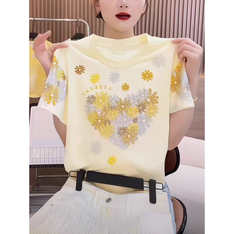 RY1121# ~爆款2026年夏季新款印花+烫钻 220克纯棉 螺纹领+包边