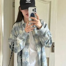 批发依芙迷法式蓝色格子设计感小众<b class='q'>长袖</b><b class='q'>衬衫</b>女宽松中长款2025春秋<b class='q'>情侣</b>