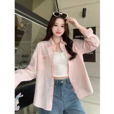 批发字母刺绣条纹衬衫女2026春秋新款小众休闲衬衣宽松百搭开衫上衣