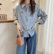 批发2026春<b class='q'>装</b>新款字母刺绣Polo领格子衬衫女春秋韩版磨毛衬衣