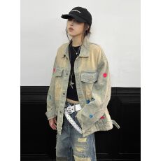 批发有点帅***美式<b class='q'>街头</b>黄泥水洗做旧复古牛仔衣宽松潮牌小众外套