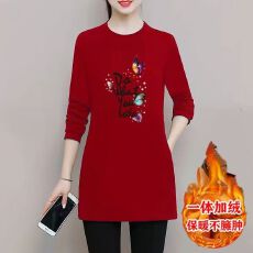 批发双面德绒长袖打底女士新款加厚秋冬红色<b class='q'>中长款</b>遮肚保暖上衣