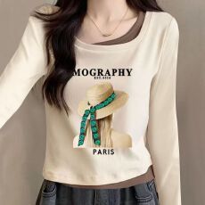 纯棉韩版设计感假两件方领长袖t恤女春秋新款修身别致感拼接上衣