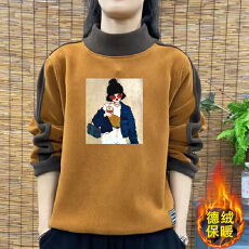 批发爆款德绒新款秋冬大码韩版加厚卫衣拼接印花长袖T恤女保暖<b class='q'>打底衫</b>
