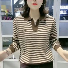 批发长袖polo衫t恤女春秋时尚气质条纹妈妈<b class='q'>宽松</b>百搭遮肚打底休闲<b class='q'>上衣</b>