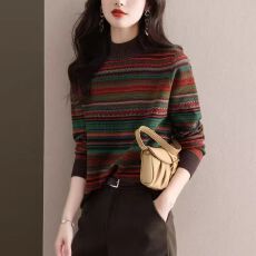 批发德绒打底衫2025新款女<b class='q'>宽松</b>慵懒风复古条纹半高领洋气百搭