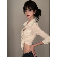 批发辣妹复古白色翻领收腰绑带<b class='q'>防晒</b>衬衫春季纯欲风紧身设计感衬衣甜辣