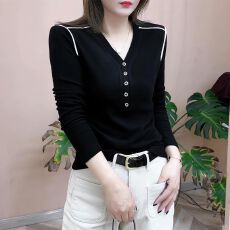 批发德绒加绒打底衫女长袖新款秋冬季修身V领T恤显瘦保暖上衣