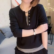 批发假两件V领长袖t恤<b class='q'>女</b>秋冬2025新款加厚保暖德绒打底衫大码洋气上衣