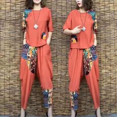 批发洋气套装女夏短袖T恤上衣休闲哈伦<b class='q'>九分</b>裤大码女装天丝棉麻两件套