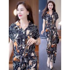 休闲时尚气质套装女2026年夏季新款宽松显瘦印花翻领短袖两件套