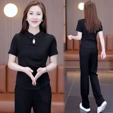 新中式休闲运动套装女2026夏季新款洋气国风盘扣上衣阔腿裤两件套
