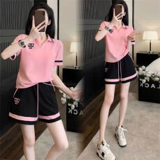 批发冰丝螺纹时尚运动套装女<b class='q'>夏</b>季新款洋气质减龄短袖短裤跑步服两件套