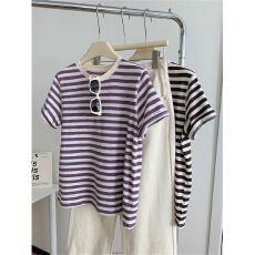 批发【官方图】撞色条纹<b class='q'>圆领</b>正肩短袖<b class='q'>T</b><b class='q'>恤</b>女2026夏季薄款