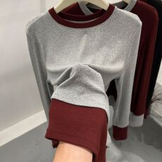 官方图2026春装新款 开叉褶皱撞色拼接假两件长袖T恤女春季